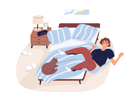 Sleepy drowsy person waking up hard in early morning, sliding down from bed to floor. Lack of sleep concept. Man sleeping and trying to get up. Flat vector illustration isolated on white backgroundのイラスト素材