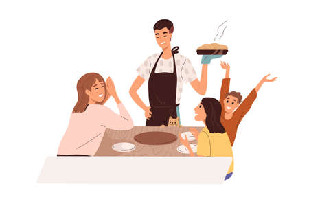 Father serving baked meal, happy kids rejoicing with fresh sweet pie at dining table at home. Dad dishing up homemade tasty food for children. Flat vector illustration isolated on white backgroundのイラスト素材