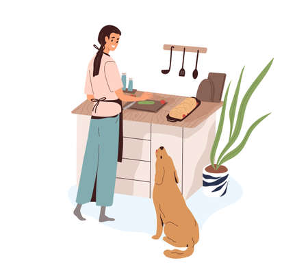 Woman cooking food for home dinner at kitchen. Happy person preparing meat dish. Female cook meal, dog looking and asking for sth. Housewife making meatloaf. Flat vector illustration isolated on whiteのイラスト素材