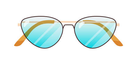 Fashion sunglasses with cat eyes lenses shape and thin metal rim. Stylish pair of sun glasses. Summer women eyewear with rounded frame. Optical accessory. Flat vector illustration isolated on whiteのイラスト素材