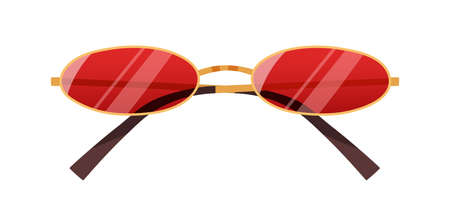 Fashion sunglasses with red oval lenses. Stylish vintage sun glasses with narrow thin gold rim. Summer eyewear. Trendy women accessory. Colored flat vector illustration isolated on white backgroundのイラスト素材