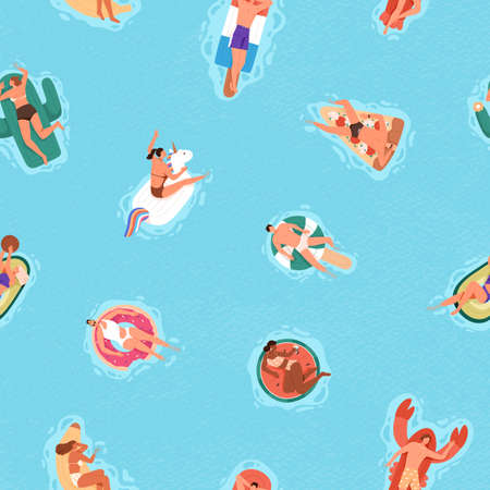 Seamless pattern with happy people in water on rubber rings in summer. Endless repeatable background...