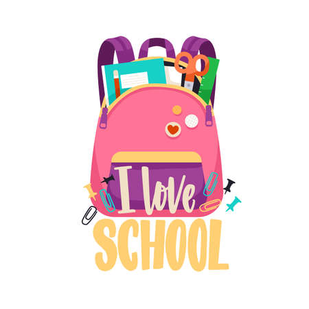 I love School, lettering composition with open schoolbag packed with books, notebooks and other stationery in bags pockets. Girlish knapsack. Flat vector illustration of backpack isolated on whiteのイラスト素材