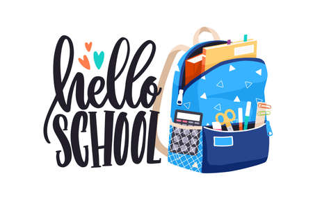 Hello School lettering with open schoolbag with books, textbooks, pens, pencils and other stationery in bags pockets. Boyish backpack. Flat vector illustration of knapsack isolated on white backgroundのイラスト素材