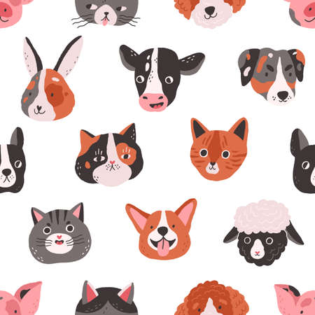 Seamless pattern with cute animals faces in doodle style. Endless repeating background with funny heads and muzzles of pets, dog, cat, cow and bunny. Colored flat vector illustration for printingのイラスト素材