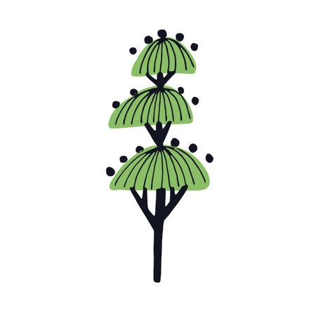 Abstract tree drawn in simple doodle style. Primitive childrens drawing of woods plant with leaves, branches and trunk. Naive botanical flat vector illustration isolated on white backgroundのイラスト素材
