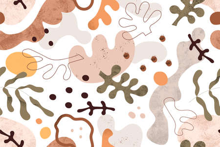 Seamless pattern with abstract geometric shapes and plants. Repeating print on white background....