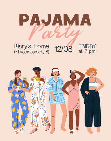 Pajama party invitation on flyer. Poster design inviting to pyjama home event with women in sleepwear. Vertical card template with female friends in homewear and nightgown. Flat vector illustrationのイラスト素材