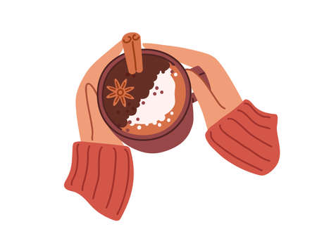 Cup of mulled wine with winter spices in hands in warm sweater. Mug of gluhwein, hot spicy Christmas drink with cinnamon stick and star anise. Flat vector illustration isolated on white backgroundのイラスト素材