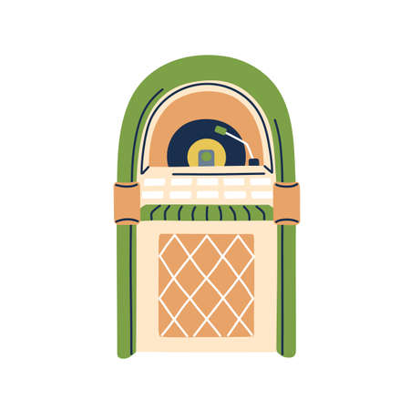 Retro jukebox with vinyl. Juke box, music machine of 1950s. Old musical automated equipment of 50s. Oldschool vintage object. Doodle flat vector illustration isolated on white backgroundのイラスト素材