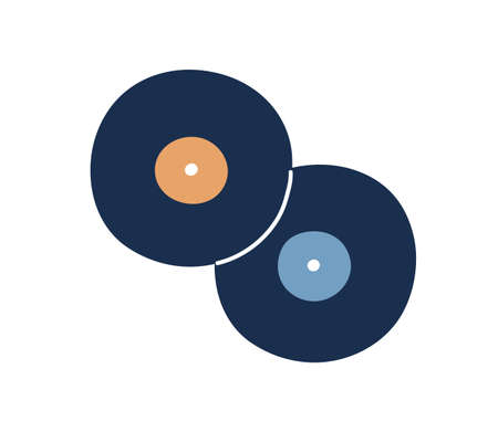 Retro vinyl, gramophone or phonograph disk records. Vintage grooved LP circle. Old music objects drawn in doodle style. Flat vector illustration isolated on white backgroundのイラスト素材