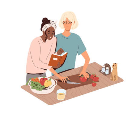 Couple cook with culinary book, reading recipe. Young man and woman cooking salad, preparing healthy vegetable dish together at home kitchen. Flat vector illustration isolated on white backgroundのイラスト素材
