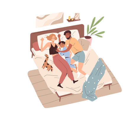 Family sleeping in bed. Mother, father and child lying and resting at home together. Parents and kid relaxing in bedroom. Mom, dad and boy napping. Flat vector illustration isolated on whiteのイラスト素材