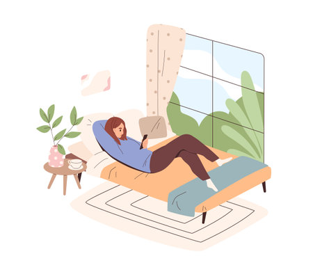 Woman lying in bed with mobile phone. Person relaxing at home, using smartphones and social media. Female texting by cellphone at leisure time. Flat vector illustration isolated on white backgroundのイラスト素材