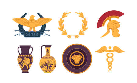 Medieval symbols of Ancient Roman Empire. Set of Eagle blazon, laurel wreath, galea helmet, amphora vases, plate and caduceus. Objects from Rome. Flat vector illustration isolated on white backgroundのイラスト素材