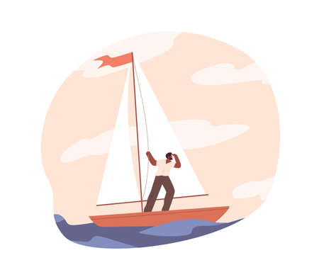 Hope for success in future concept. Bold person travel in sailboat, looking, searching and exploring career directions. Man with aspirations and goals. Flat vector illustration isolated on whiteのイラスト素材