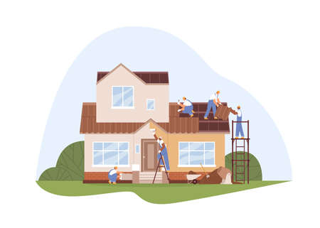 Workers at house repair and renovation. Builders work outside. People in uniform painting walls and decorating roof. Reconstruction of building facade. Flat vector illustration isolated on whiteのイラスト素材