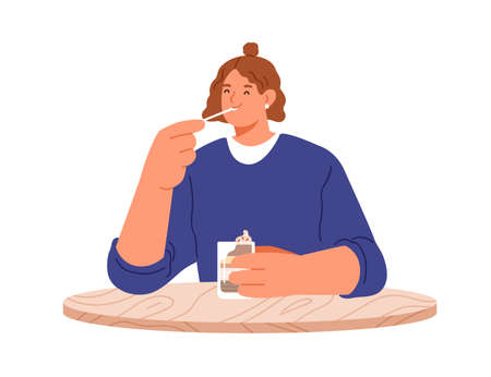 Woman eating sugar dessert in glass, tasting it with spoon. Happy person enjoying tasty sweet food with pleasure. Female with cake at table. Flat vector illustration isolated on white backgroundのイラスト素材