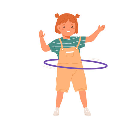 Cute girl twirling hoop around waist. Little smiling kid having fun with toy ring. Happy active carefree child at leisure time. Flat vector illustration isolated on white backgroundのイラスト素材