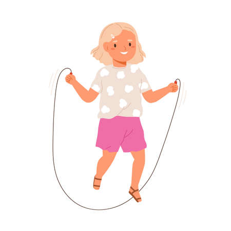 Happy girl jumping with skipping or jump rope. Little active kid having fun, doing cardio exercise. Healthy hobby and entertainment of child. Flat vector illustration isolated on white backgroundのイラスト素材
