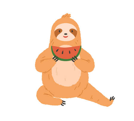 Cute sloth eating watermelon. Happy funny animal sitting and holding sweet fruit slice in paws. Charming smiling character resting with food. Flat vector illustration isolated on white backgroundのイラスト素材