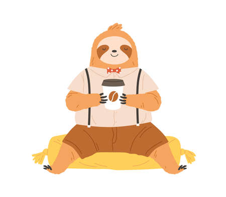 Cute sleepy sloth with coffee cup in paws. Lazy slow animal drinking and enjoying coffe in morning. Funny happy baby character in clothes. Flat vector illustration isolated on white backgroundのイラスト素材