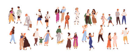 Men, women and kids walking in crowd of happy people outdoor. Diverse couples, friends talking and meeting on street. Colored flat graphic vector illustration of society isolated on white backgroundのイラスト素材