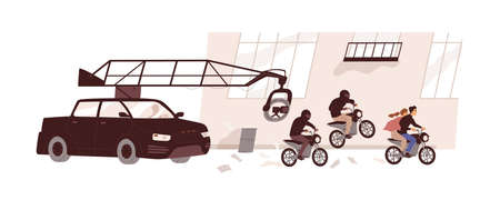 Backstage of film-making process with professional camera on crane and actors outdoors. Action movie shooting. Video and cinema production scene. Flat vector illustration isolated on white backgroundのイラスト素材