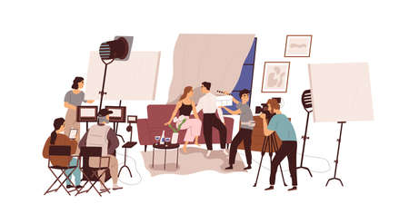 Director, cameraman and actors at film-making process, shooting love scene of melodrama movie. Backstage of video production crew at work. Flat graphic vector illustration isolated on white backgroundのイラスト素材