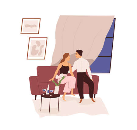 Love couple on romantic date with wine at home. Man and woman sitting on couch in evening. Happy intimate valentines passion. Colored flat vector illustration of lovers isolated on white backgroundのイラスト素材