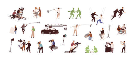 Set of directors, cameramen, actors, assistants at film-making process. TV and movie crew with cameras, microphones and light equipment. Colored flat vector illustration isolated on white backgroundのイラスト素材
