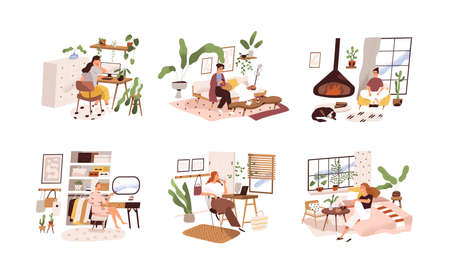 Happy women relax and work at home in modern room interiors. Lifestyle scenes set with females stay in cozy comfortable apartments. Colored flat vector illustration isolated on white backgroundのイラスト素材