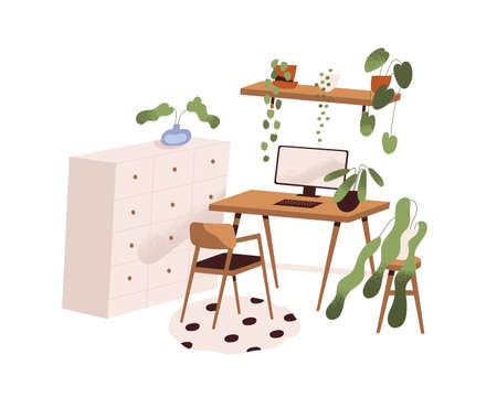 Modern home interior design. Scandinavian room with cozy stylish workplace, computer, table, chair, cabinet and house plants in pots. Colored flat vector illustration isolated on white backgroundのイラスト素材