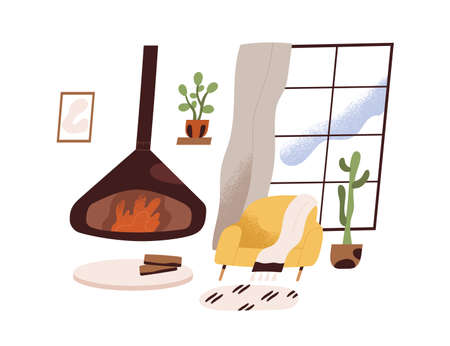 Living room interior design with modern fireplace and armchair with plaid. Cozy Scandinavian home with window and plants. Flat vector illustration of empty livingroom isolated on white backgroundのイラスト素材