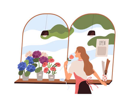 Florist woman smelling fresh flower at flora shop. Vendor in retail store with blooming plants in pots and vases. Seller of modern flowershop. Flat vector illustration isolated on white backgroundのイラスト素材