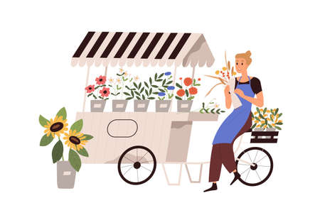 Florist woman at flower market. Vendor in apron at outdoor flora shop with fresh blossomed plants in pots and vases. Street trade of retail store. Flat vector illustration isolated on white backgroundのイラスト素材