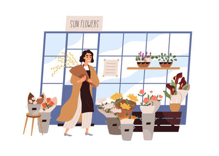 Florist seller with bouquet outside of flower shop. Vendor decorating outdoor of retail store. Fresh blooming plants trade. Modern flowershop. Flat vector illustration isolated on white backgroundのイラスト素材