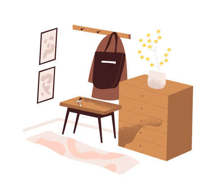 Hallway interior design. Inside modern home antechamber with bench, rack, cabinet and plant. Minimalistic wood furniture in Scandinavian style. Flat vector illustration isolated on white backgroundのイラスト素材