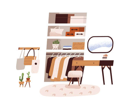 Wardrobe interior design with modern closet, mirror, chair and table. Inside Scandinavian dressing room at home with furniture and clothes. Flat vector illustration isolated on white backgroundのイラスト素材