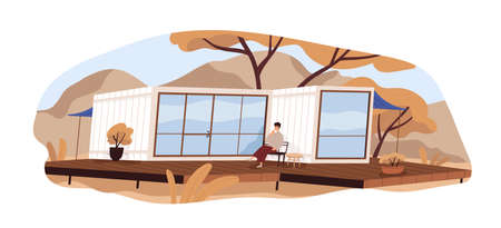 Modern container house building exterior and person with coffee cup on wood terrace. Man drinking tea on patio outside modular home. Colored flat vector illustration isolated on white backgroundのイラスト素材