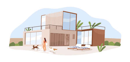 Modern house and person walking with dogs outside modular home. Residential building. Luxury mansion from glass with deckchairs outdoors. Colored flat vector illustration isolated on white backgroundのイラスト素材