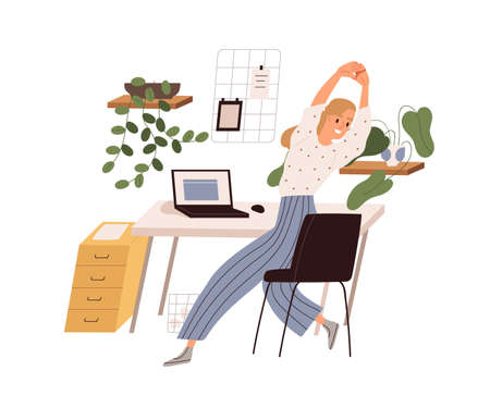 Person doing exercises and stretching at break after work at office desk. Healthy workout at workplace. Happy employee warm up her body. Colored flat vector illustration isolated on white backgroundのイラスト素材