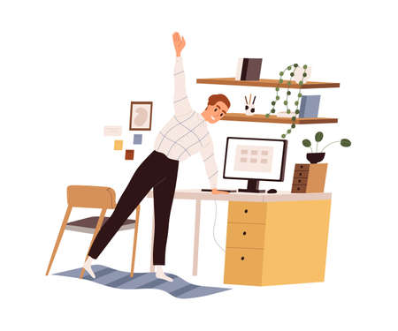 Person doing exercises and stretching body during break after work with computer at desk. Healthy lifestyle, workout at home workplace. Colored flat vector illustration isolated on white backgroundのイラスト素材