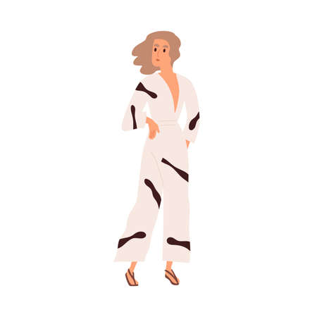 Modern woman in casual summer clothes. Female walking in fashion outfit, stylish overalls with neckline and sandals. Full-length portrait. Flat vector illustration isolated on white backgroundのイラスト素材