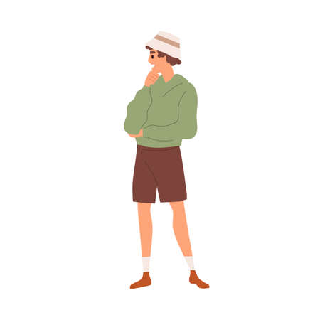 Young modern man in trendy casual clothes. Teenager wearing fashion panama hat, hoody and shorts. Summer outfit. Colored flat vector illustration isolated on white backgroundのイラスト素材