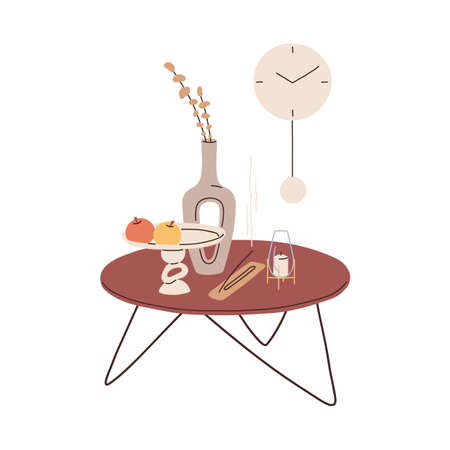 Coffee table with vase, candle, aromastick and fruits, wall clocks for home interior design in Scandinavian hygge and minimalism style. Colored flat vector illustration isolated on white backgroundのイラスト素材