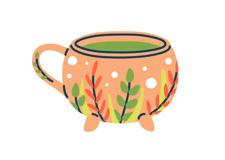 Modern ceramic tea cup. Coffee mug with natural plant pattern, handle and cute legs. Drink crockery in doodle style. Teacup with matcha. Colored flat vector illustration isolated on white backgroundのイラスト素材
