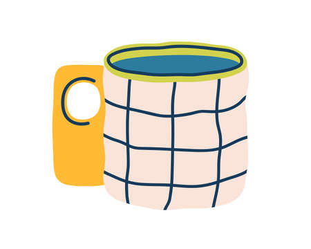 Modern tea mug with chequered pattern. Ceramic coffee cup with unusual handle. Cute teacup with decor. Stylish drink crockery in doodle style. Flat vector illustration isolated on white backgroundのイラスト素材