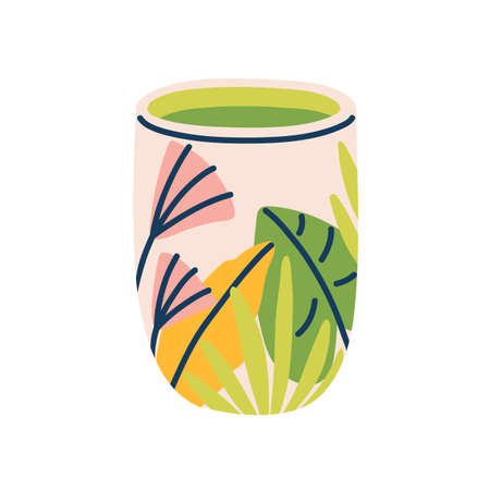 Modern tea mug with floral pattern. Ceramic coffee cup. Cute beaker with leaves and flowers. Drink crockery with matcha. Trendy teacup with leaf. Flat vector illustration isolated on white backgroundのイラスト素材