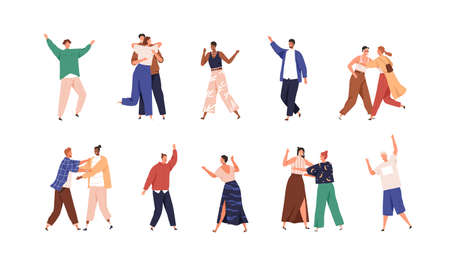 Happy people meeting others with joy. Set of positive men and women friends welcoming, hugging and greeting with hand gesture. Reunion concept. Flat vector illustration isolated on white background.のイラスト素材